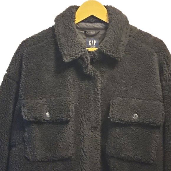 SOLD Gap Sherpa Teddy Coat Black Long Button Down Size Large Petite Oversized - Picture 5 of 6